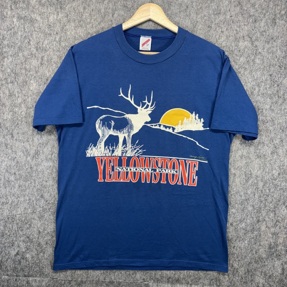 Vintage Yellowstone National Park T-Shirt Mens Large Jerzees Blue 90s USA Nature